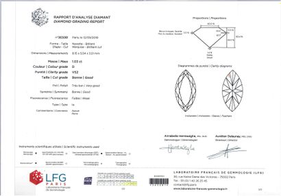 null 
Diamond on paper weighing 1.03 carat navette cut, accompanied by its certificate...