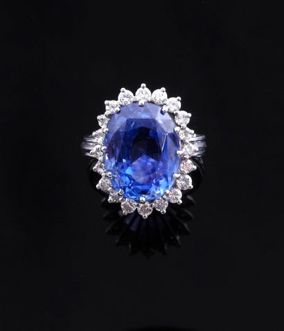null 
Ring in white gold, 750 MM, centered with an oval sapphire weighing 12 carats...