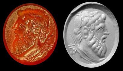 null Intaille gravée d'un profil du Dieu Jupiter.Cornaline.
Art romain.L :16mm.