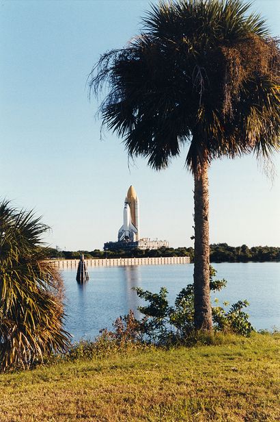NASA NASA. Space shuttle ENDEAVOUR appears framed by palm trees across the Kennedy...
