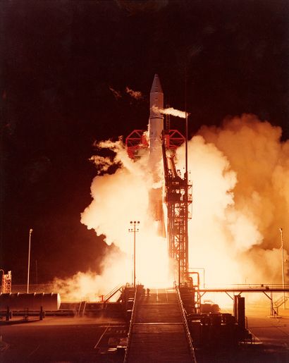 NASA NASA. Night takeoff of a rocket from Cape Canaveral in Florida. Circa 1974.period...