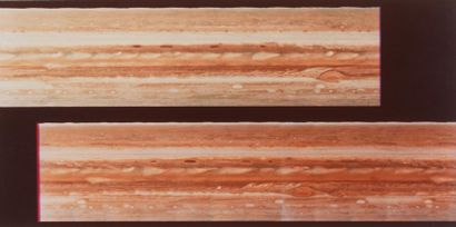 NASA Nasa. Double view of the planet Jupiter in flat cylindrical view as seen by...