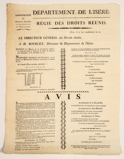 null DOUANE 1803. TABAC. « Département de l’ISÈRE, Régie des DROITS RÉUNIS. » . Le...