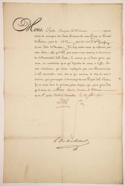 null PAS-DE-CALAIS. 1767. Lettre de convocation aux États-Généraux du Pays et Comté...