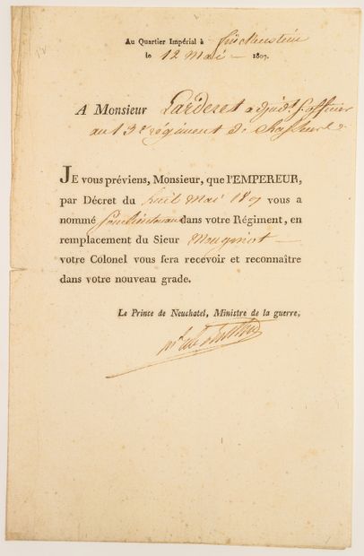 null EMPIRE. Lettre d’avis de nomination signée du Maréchal Alexandre BERTHIER, Le...