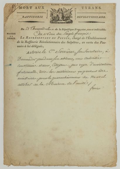 null RAFFINERIE RÉVOLUTIONNAIRE. 1794. Pièce signée Augustin Lucie FRÉCINE Conventionnel...
