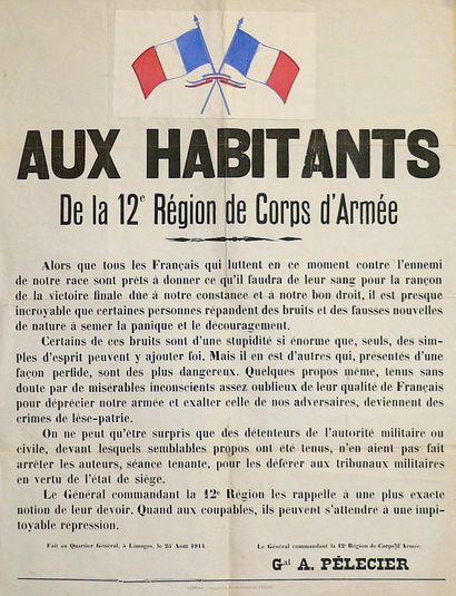 null « AUX HABITANTS de la 12E RÉGION DE CORPS D’ARMÉE. » Adresse du Général A. PELECIER,...