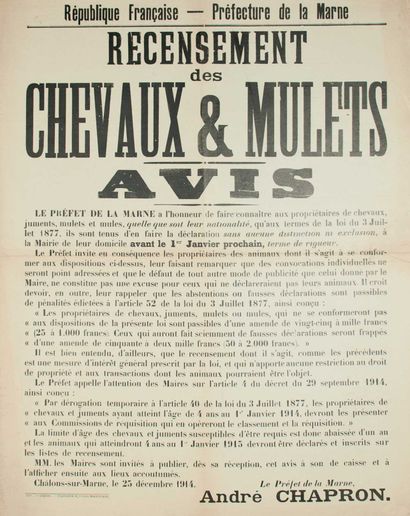 null MARNE. 1914. « RECENSEMENT DES CHEVAUX ET MULETS. » Avis du Préfet de la Marne...
