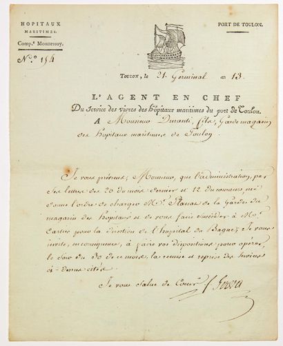 null (VAR) LES HÔPITAUX MARITIMES du PORT DE TOULON (83). Lettre signée GERVA “L’Agent...