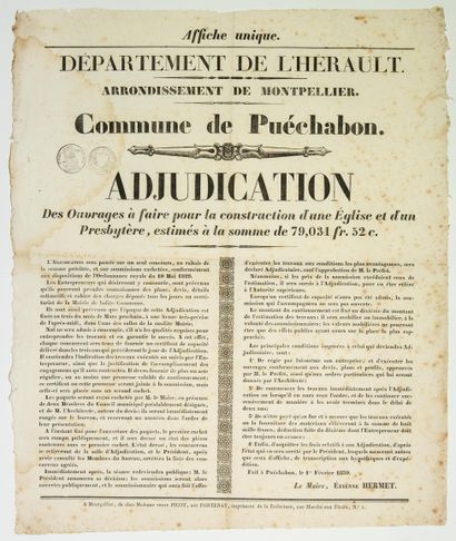 null HÉRAULT. 1829. CONSTRUCTION D’UNE ÉGLISE « Commune de PUÉCHABON. Adjudication...