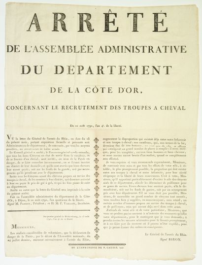 null CÔTE D’OR. 1792. CAVALERIE. Arrêté de l’Assemblée administrative de la Côte...