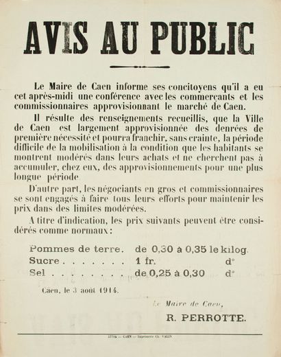 null CAEN (14) le 3 Août 1914 – Avis au public, du Maire de CAEN : R. PERROTTE, concernant...