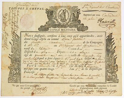 null LUNÉVILLE (54). 1795. GRENADIERS DES TROUPES À CHEVAL. Pièce Signée du Conseil...