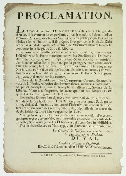 null DUMOURIEZ. 1793. CONQUÊTE DE LA BELGIQUE : Proclamation du Général de Division...