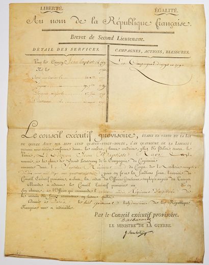 null ARTILLERIE. 1792 – 2 Brevets militaires de Jean Baptiste RAVY Premier Lieutenant...