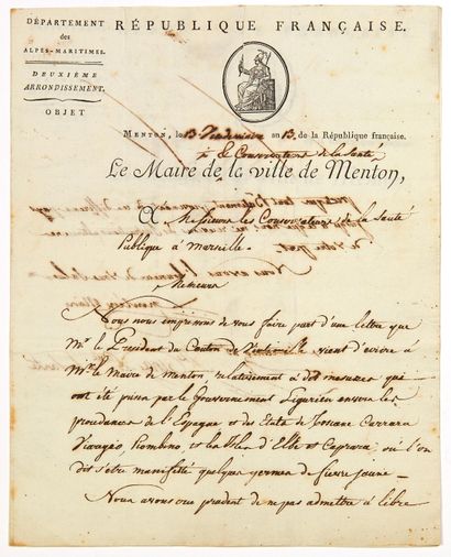 null ALPES MARITIMES. MENTON. 1804. – Lettre signée Le Maire de la Ville de MENTON...