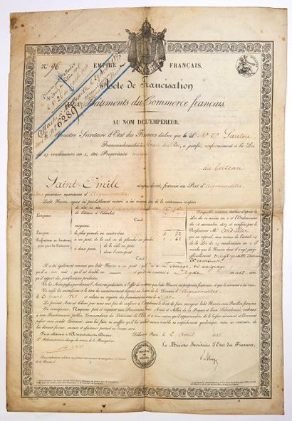 null MARINE. 1868. « ACTE DE FRANCISATION. BATIMENS DE COMMERCE » pour M. Sautou...