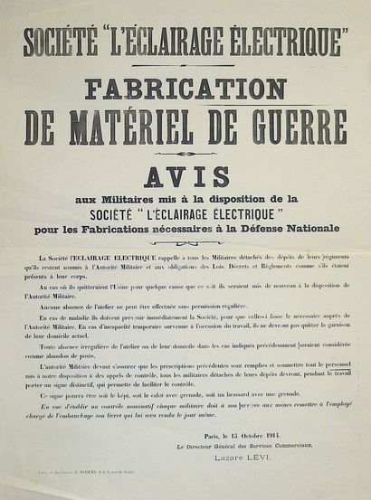 null PARIS, 15 Oct. 1914 – « Avis aux Militaires mis à la disposition de la Société...