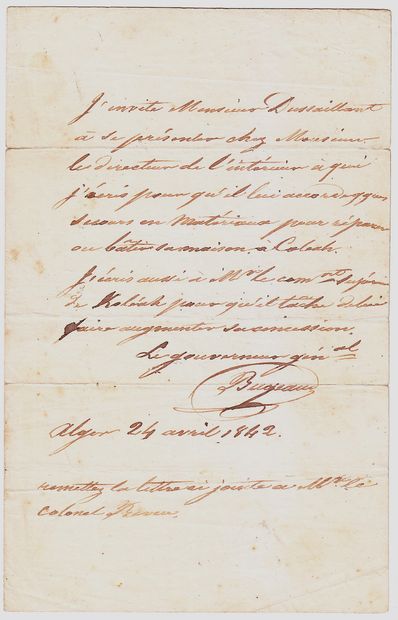 null BUGEAUD Thomas Robert (1784-1849) Maréchal de France, Duc d’Isly. Lettre autographe...