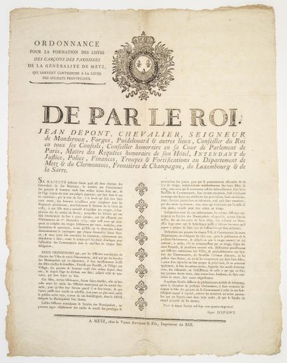 null MOSELLE. 1789. METZ (57). LEVÉE DES SOLDATS PROVINCIAUX. Ordonnance de Jean...