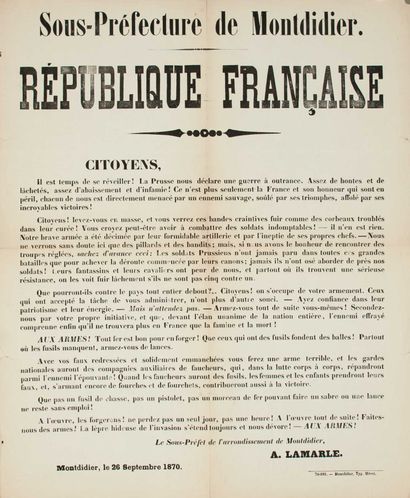 null SOMME. GUERRE de 1870 : Appel aux Armes de LAMARLE Sous-Préfet de l’arrondissement...