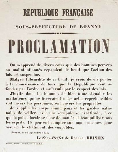 null LOIRE. Guerre de 1870 : Proclamation du Sous-Préfet de ROANNE, BRISON, le 10...