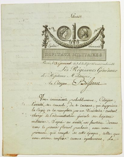 null (VIGNETTE GRAVÉE.) Pièce signée Les Régisseurs Généraux des HÔPITAUX MILITAIRES,...