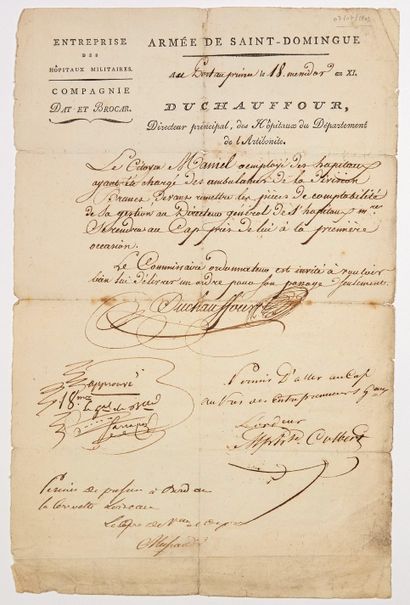 null « ARMÉE DE SAINT DOMINGUE. » 1803. Pièce signée DUCHAUFFOUR Directeur principal...
