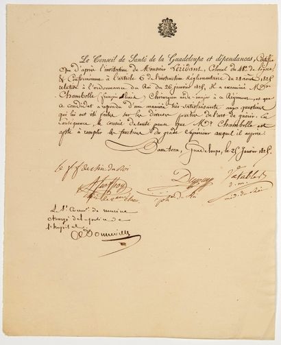 null GUADELOUPE. 1825. Pièce signée du Conseil de Santé de la GUADELOUPE & Dépendances...