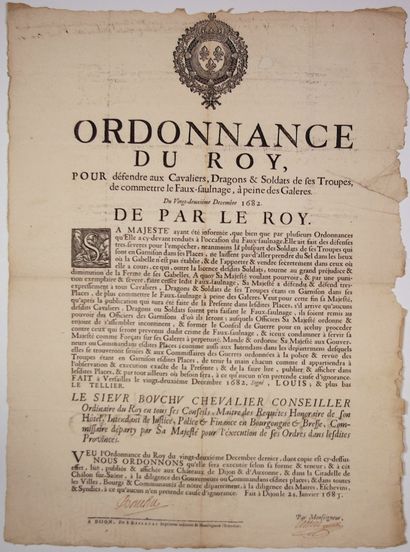 null FAUX-SAUNAGE. GALÈRES. 1682. BOURGOGNE & BRESSE. « Ordonnance du Roi, pour défendre...