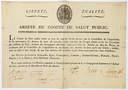null CANONNIERS DE L’ARSENAL DE PARIS. 1795. Arrêté du COMITÉ DE SALUT PUBLIC en...