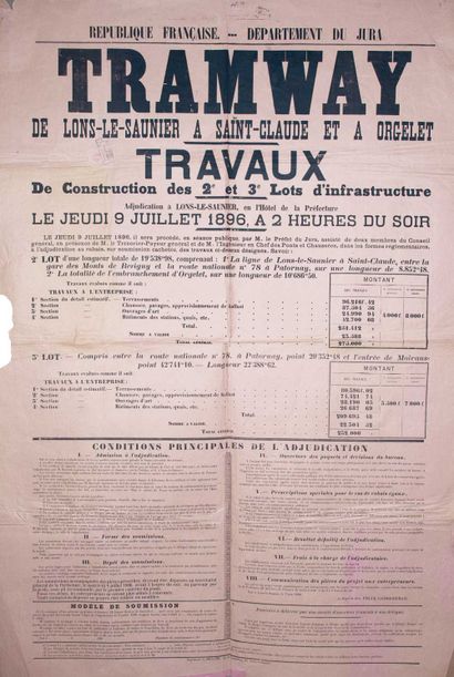 null JURA. 1896. « TRAMWAY DE LONS-LE-SAUNIER À SAINT-CLAUDE ET À ORGELET. » Travaux...