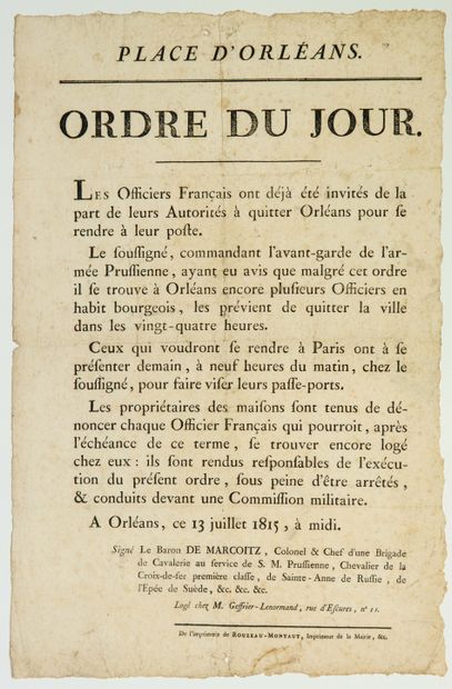 null LOIRET. Ordre du jour fait à ORLÉANS (45) 13 Juillet 1815, à la Fin des Cent-Jours,...