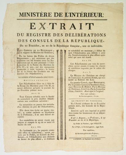 null VAUCLUSE. 1802. DOUANE. FERMES DES BARRIÈRES pour l’An 11. « Extrait du Registre...
