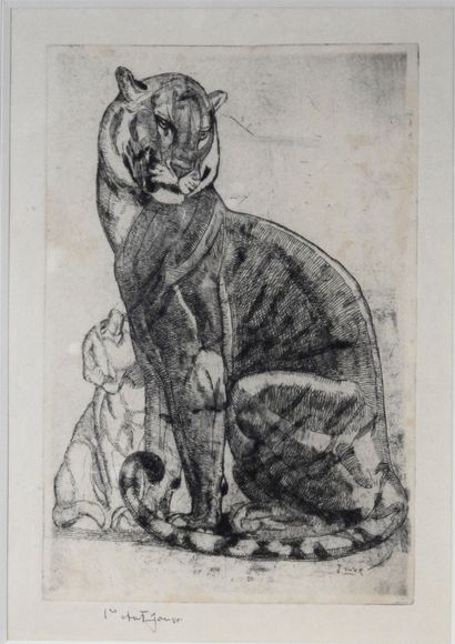 null Paul JOUVE (1878 – 1973)

	« Tigresse et son petit ». Eau-forte sur papier....