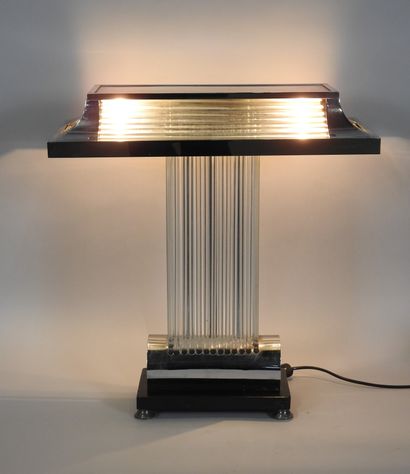 null MODERNIST WORK

	Table lamp with two lights in glass tubes set in a chromed...