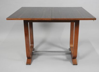 null FRENCH WORK 

	Rosewood veneer game table with a wallet top on a side arch base....