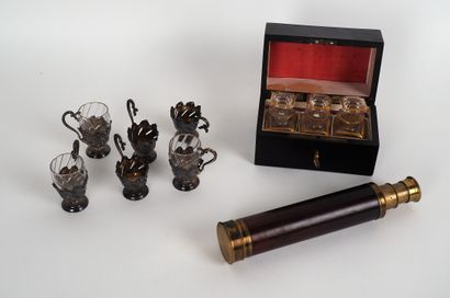 null Set of display items including a long view, liqueur glasses and 3 perfume bottles...