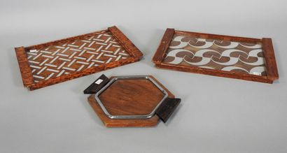 null FRENCH WORK 

	Suite of three wood and glass trays with silver plating, two...