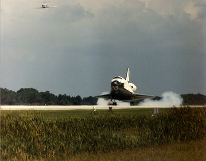 NASA On July 7, 1995, Space Shuttle Atlantis makes a soft landing at the end of its...