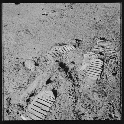NASA NASA. LARGE FORMAT. Superb human footprints on the lunar soil left by the last...