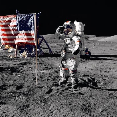 NASA Nasa. LARGE FORMAT. Astronaut Eugene A. Cernan, commander of Apollo 17, salutes...