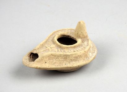 null Byzantine oil lamp with tenon and ankh cross decoration, X-shaped potter's mark...