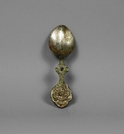 null Ritual spoon.Paktong or other alloy decorated with turquoise.Metal.Tibet.l ...