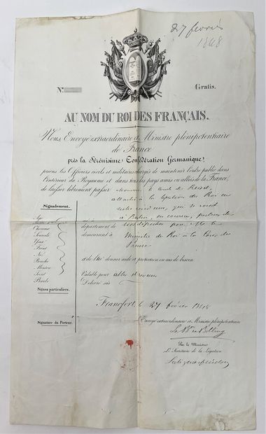null Comte Gustave de REISET (1821-1905), diplomate : 2 passeports, l’un donné le...