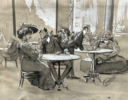 JUDAÏCA 1905 : Scène de café animée de personnages...