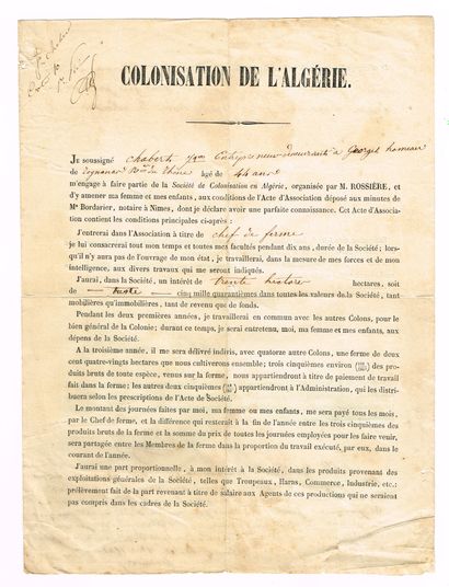 ALGERIE – Rare document de 1847, de pré-colonisation....