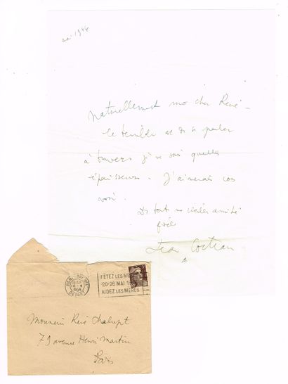null Jean COCTEAU (1889-1963), poète, dessinateur, dramaturge et cinéaste : lettre...