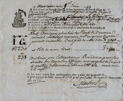 SLAVERY Maritime bill of lading Marseille...