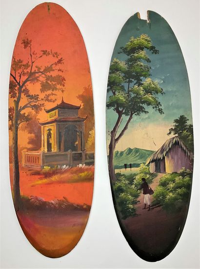  TONKIN - EXPOSITION COLONIALE 1931 - Souvenir : pair of oval painted panels (83...